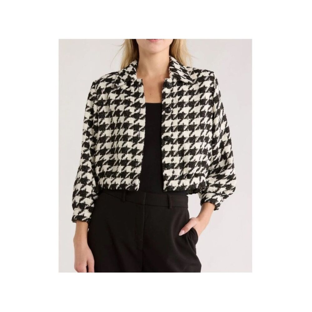 L’Agence Bridges Crop Metallic Woven Black White Houndstooth Blazer Jacket 8 NWT